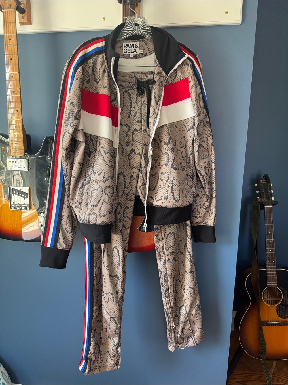 Pam & Gela Snake-Print Track Set with Red, White & Blue Stripes